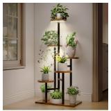 6 Tier Plant Stand with Full Spectrum Grow Lights, 39IN Tall Metal Wood Shelf Holder for Indoor Wheel Plant Display Rack for Potted Plants,Flower Pot Stand for Corner Living Room Balcony Garden Patio