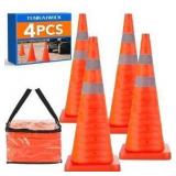 [4 Pack]28 Inch Collapsible Traffic Safety Cones with Storage Bag- Parking Cones with Reflective Collars for Road Safety, Orange Safety Cones for Parking lot, Driveway, Driving Training