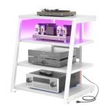 Armocity 4-Tier AV Media Stand with Power Strips, Stereo Stand with LED Lights, Audio Tower Rack with Adjustable Shelves, Small Entertainment Center, 30
