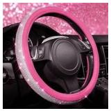 CAR PASS Diamond Pink Leather Steering Wheel Cover, with Bling Crystal Rhinestones Universal Fit 14\" 1/2-15\" Crystal Glitter for Women Sparkle Girl Fit Suvs,Vans,Sedans,Cars,Trucks, Pink Diamond