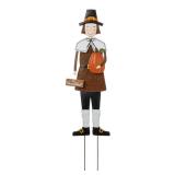 Glitzhome Thanksgiving Yard Stakes Metal Pilgrim Boy Yard Signs Hanging Wall Decors for Thanksgiving Fall Harvest Outdoor Decorations, 36\" H