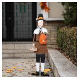 Glitzhome Thanksgiving Yard Stakes Metal Pilgrim Boy Yard Signs Hanging Wall Decors for Thanksgiving Fall Harvest Outdoor Decorations, 36\" H