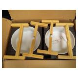 SPUNKYJUNKY Ceramic Elevated Dog Bowls 2 Pack - 8.3inch Raised Dog Bowls with Non-Slip Wooden Stand for Large Dogs Dishwasher Safe(White,60OZ*2) - Retail: $65