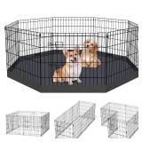 Dog Pen Pet Playpen Dog Fence Indoor Foldable Metal Wire Exercise Puppy Play Yard Pet Enclosure Indoor Outdoor 8 Panels 24 Inch with Bottom Pad/Top Cover (Black with Bottom pad) - Retail: $54