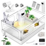 MoonOrange Small Turtle Tank Kit(Tank+Light+Filter), Acrylic Turtle Tank Starter Kit with Bask Platform, Bottom Drain, Multi-Function Area for Small Reptiles.(White) - Retail: $37