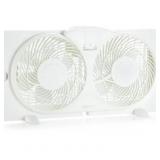 Amazon Basics Window Fans for Home Bedroom, Twin Heads, Cooling Airflow, Exhaust, Expandable Side Panel Basic Control, 2 Speeds, 68W, 9 inch, White powers on