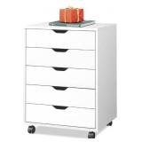 DEVAISE 5-Drawer Chest, Wood Storage file Cabinet with Wheels, White