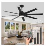 Modern Ceiling Fans with Lights, 65 Inch Ceiling Fan with Light for Bedroom Living Room Kitchen Office, Indoor/Outdoor Use, 24W 3CCT 8 Blades 6 Speed Reversible Quiet DC Motor, Black