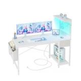 TIQLAB Gaming Desk 47 inch with Power Outlet and LED Light, Computer Desk with Reversible Shelves and Storage Drawer, Small PC Desk for Home Office Table with Bag, Carbon Fiber White