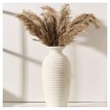 Vaseking Ceramic Natural Rustic Vase, 14.4 Inch Large Vintage Flower Threaded Decorative Farmhouse Tall Vase for Home Decor, Living Room, Shelf Decor, Wedding, Housewarming Gift, Off-White - Retail: $