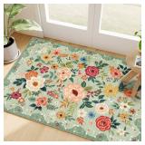 DUKINO 9x12 Rugs for Entryway, Floral Indoor Washable Front Door Mat, Non Slip Boho Small Carpet, Soft Low Pile Throw Rug for Entrance, Bedroom, Kitchen, Laundry, Bathroom, Green - Retail: $95