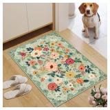 DUKINO 9x12 Rugs for Entryway, Floral Indoor Washable Front Door Mat, Non Slip Boho Small Carpet, Soft Low Pile Throw Rug for Entrance, Bedroom, Kitchen, Laundry, Bathroom, Green - Retail: $95