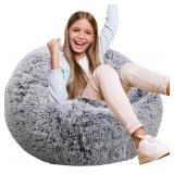 Fluffy Bean Bag Chair for Kids, 2.5FT Round Memory Foam Filled Bean Bag for Teens & Kids, Ultra Soft Faux Fur Fabric Bean Bag Chairs for Playroom, Living Room, Bedroom, Gray - Retail: $33