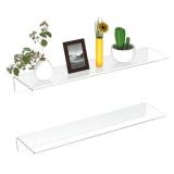 FEMELI 2 PCS 24\" Acrylic Floating Shelves, Clear Shelf for Display, Plant, Perfume, Book in Bedroom Living Room Office, 5mm Thick Wall-Mounted Acrylic Shelves for Wall - Retail: $36