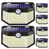 HMCITY 120 LED Outdoor Solar Lights with Motion Sensor and 3 Lighting Modes, IP65 Waterproof Wide Solar Wall Lights Ideal for Garden Patio Yard (Front Button 6Packs, Daylight White) - Retail: $28