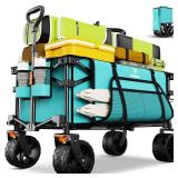 Navatiee Big Wheels Collapsible Wagon Cart Foldable, Heavy Duty Beach Wagon with Silent All-Terrain Wheels, Folding Utility Grocery Cart with Side Pocket and Brakes for Camping Garden Sports, Blue - R
