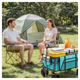 Navatiee Big Wheels Collapsible Wagon Cart Foldable, Heavy Duty Beach Wagon with Silent All-Terrain Wheels, Folding Utility Grocery Cart with Side Pocket and Brakes for Camping Garden Sports, Blue - R