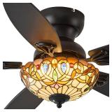 Yanokooe Tiffany Ceiling Fans with Lights - 48\" Ceiling Fan Chandelier with 5 Dual-Blades and Glass Shade, 6 Speeds and Reversible, Indoor and Outdoor, Retro Style - Retail: $160