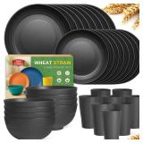 Teivio 32-Piece Kitchen Plastic Wheat Straw Dinnerware Set, Service for 8, Unbreakable Modern Dish Set - Dinner Plate/Dessert Plate/Cereal Bowl/Cup, for Apartment Essentials, Outdoor Camping,Black - R