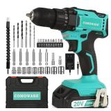 COMOWARE 20V Cordless Drill, Electric Power Drill Set with 1 Battery & Charger, 3/8â Keyless Chuck, 2 Variable Speed, 266 In-lb Torque, 25+1 Position and 34pcs Drill/Driver Bits - Retail: $40