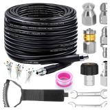 Sewer Jetter Kit for Pressure Washer, 100FT Drain Cleaner Hose 5800PSI with 1/4 Inch NPT Corner, Rotating Nozzle and 4 Different Button Nose Sewer Jet Nozzles, Waterproof Tape and 2 Spanners (Black) -