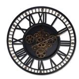 Stbvuxk 24 Inch Vintage Industrial Metal Farmhouse Wall Clock with Large Real Moving Gears- Round Silent Battery Operated Wall Clock for Bedroom, Bathroom, Coffee Shop-Big Black Roman Numeral Design -