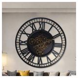 Stbvuxk 24 Inch Vintage Industrial Metal Farmhouse Wall Clock with Large Real Moving Gears- Round Silent Battery Operated Wall Clock for Bedroom, Bathroom, Coffee Shop-Big Black Roman Numeral Design -