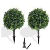 LXNRMHCH 27.2\" Artificial Boxwood Topiary Set of 2 with Spike, Fake Plants Boxwood Balls Greenery Bushes, Uv Resistant Artificial Outdoor Plants Shrubs for Front Porch Decor, Home Faux Plants Indoor 
