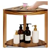 BHNJUTM Corner Shower Stool 14.5 in,Shower Foot Rest with Storage Shelf, Shower Shaving Stool for Shaving Legs, Shower Foot Stool for Inside Small Shower Spaces- Acacia Wood Small Shower Stool - Retai
