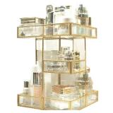 360 Degree Rotation Makeup Organizer Antique Countertop Cosmetic Storage Box Mirror Glass Beauty Display, Gold Spin Large Capacity Holder for Brushes Lipsticks Skincare Toner - Retail: $113