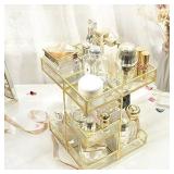 360 Degree Rotation Makeup Organizer Antique Countertop Cosmetic Storage Box Mirror Glass Beauty Display, Gold Spin Large Capacity Holder for Brushes Lipsticks Skincare Toner - Retail: $113