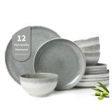 Pokini Gradient Green Stoneware Dinnerware Sets, 12 pcs Reactive Glaze Plates and Bowls Sets, Handmade Ceramic Round Dishes Set for 4, Highly Chip and Crack Resistant Modern Plate Set - Retail: $60