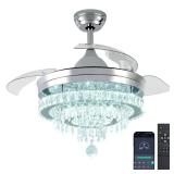 Modern Fandelier Ceiling Fans with Light and Remote APP Control, Crystal Chandelier Fan | Retractable Invisible Blades Quiet DC Motor Dimmable LED Light for Bedroom, Living Room, 42\" Silver - Retail: