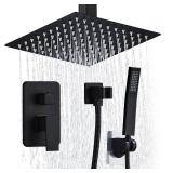 RTOBWEYE 12 Inch Shower Faucet Set Ceiling Mount, High Pressure Rainfall Shower System, Square Rain Shower Spray Combo Luxury Shower Fixtures Matte Black - Retail: $100