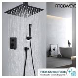 RTOBWEYE 12 Inch Shower Faucet Set Ceiling Mount, High Pressure Rainfall Shower System, Square Rain Shower Spray Combo Luxury Shower Fixtures Matte Black - Retail: $100