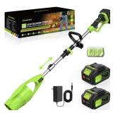 Cordless Leaf Blower,400000RPM Handheld Air Duster with Adjustable Pole,21V Max 4.0Ah*2 Batteries and Charger,Lightweight Air Broom for Easy Debris Removal,Lawn Care and Yard Cleaning,etc. (Green) - R