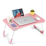 FISYOD Foldable Laptop Table, Portable Lap Desk Bed Table Tray, Laptop Stand with Cup Holder & Tablet Slot & Lifting Handle for Working Writing Drawing & Eating (Pink) - Retail: $30