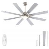 warmiplanet Ceiling Fans with Lights and Remote Control, 62-Inch, Reversible Silent DC Motor, 6 Speeds, 3 Color Dimmable LED Light, Timer, Nickel, 8-Blades - Retail: $241