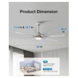 warmiplanet Ceiling Fans with Lights and Remote Control, 62-Inch, Reversible Silent DC Motor, 6 Speeds, 3 Color Dimmable LED Light, Timer, Nickel, 8-Blades - Retail: $241