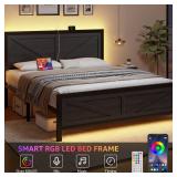 $130 LED Queen Bed Frame with USB, Barn Door Headboard, Metal Slats