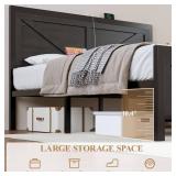 $130 LED Queen Bed Frame with USB, Barn Door Headboard, Metal Slats