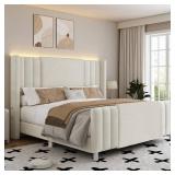 $277 Queen Upholstered Bed Frame with Tall Headboard and LED Lights