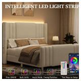 $277 Queen Upholstered Bed Frame with Tall Headboard and LED Lights