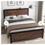 $199 DOGIBIXO King Size Bed Frame with Charge Station & Barn Door Headboard