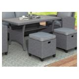$180 30" Tall Gray Wicker Table with Tempered Glass Top and Two Ottomans