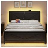 $140 King Size Platform Bed Frame with LED Lights, USB, Barn Door