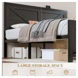 $140 King Size Platform Bed Frame with LED Lights, USB, Barn Door