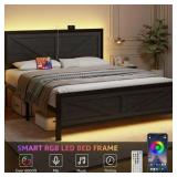 $140 King Size Platform Bed Frame with LED Lights, USB, Barn Door