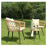 $99 3 Piece Patio Bistro Set - Rattan Table & Chairs (Set 2) - Beige