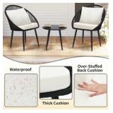 $199 3 Piece Bistro Set with Cushioned Woven Rope Chairs, All Weather